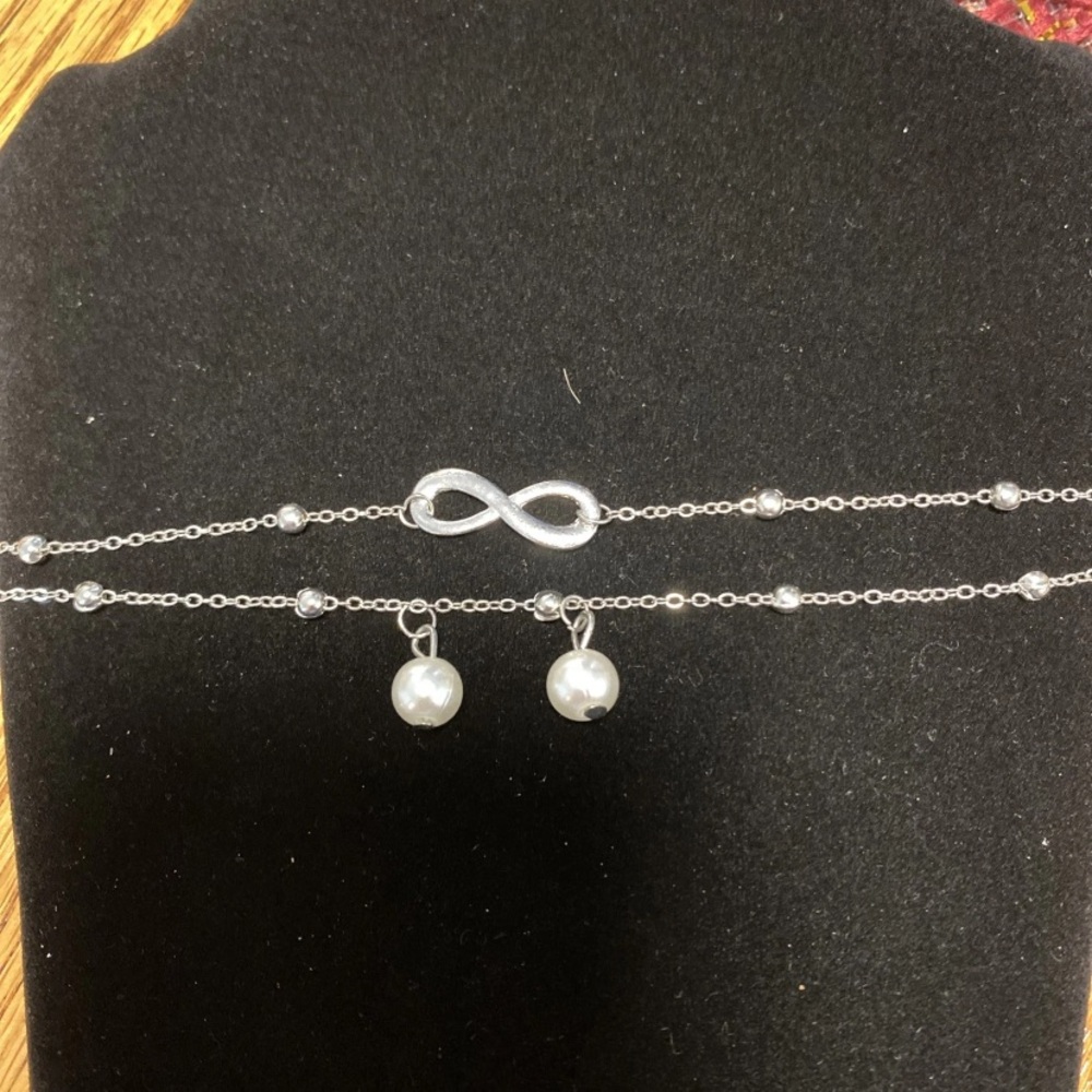 Elegant Silver Double Strand Infinity Pearl Adjustable Anklet- Ankle Bracelet